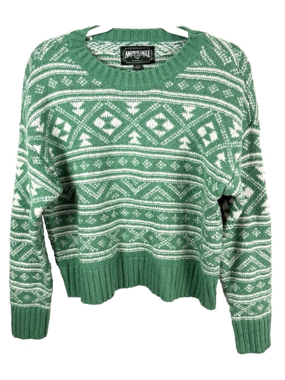 American Eagle AE Fair Isle Snowdrift Crewneck Sweater Green White Size Medium M